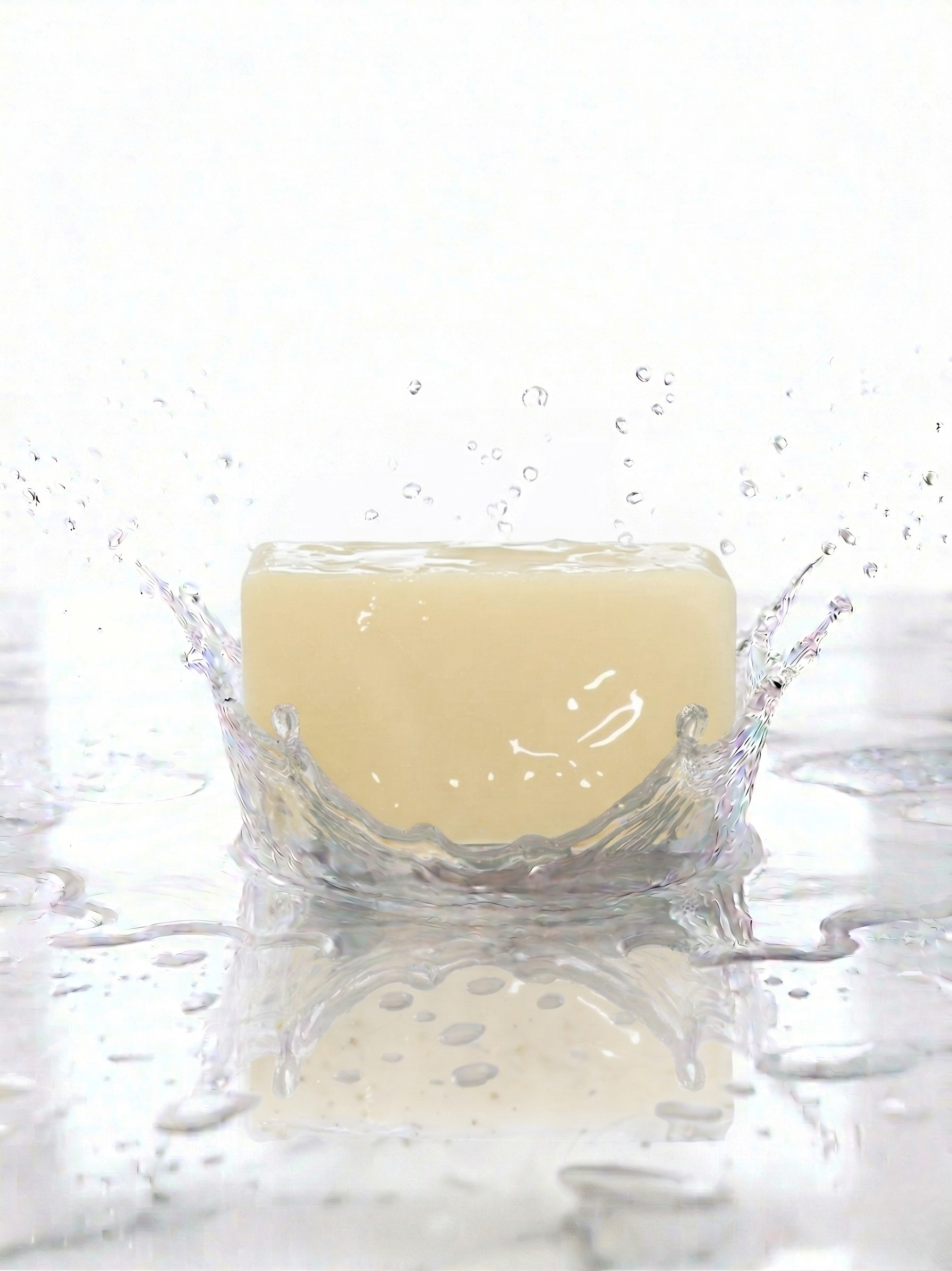 Bar of soap with water droplets on a white background