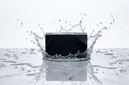 Black charcoal soap splashing in water with white background
