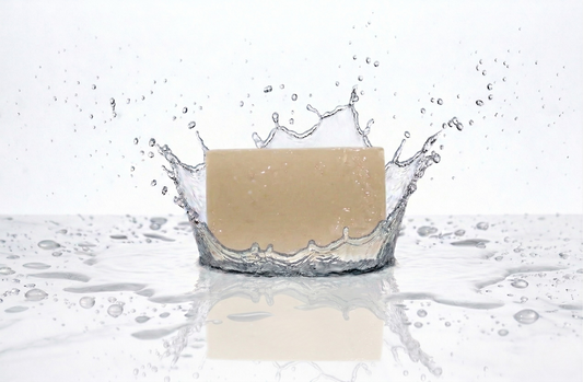 Facial Bar of soap with water splashes on a white background