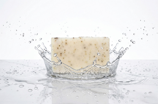 Bar of soap with water droplets and splashes on a white background