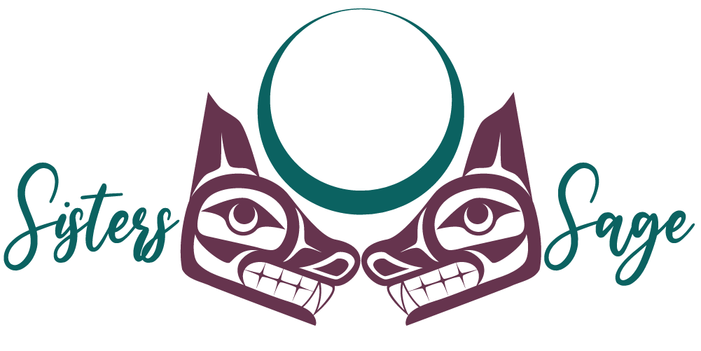 Sisters Sage logo in Gitxsan style: two wolves facing each other under a moon in stylized line art.
