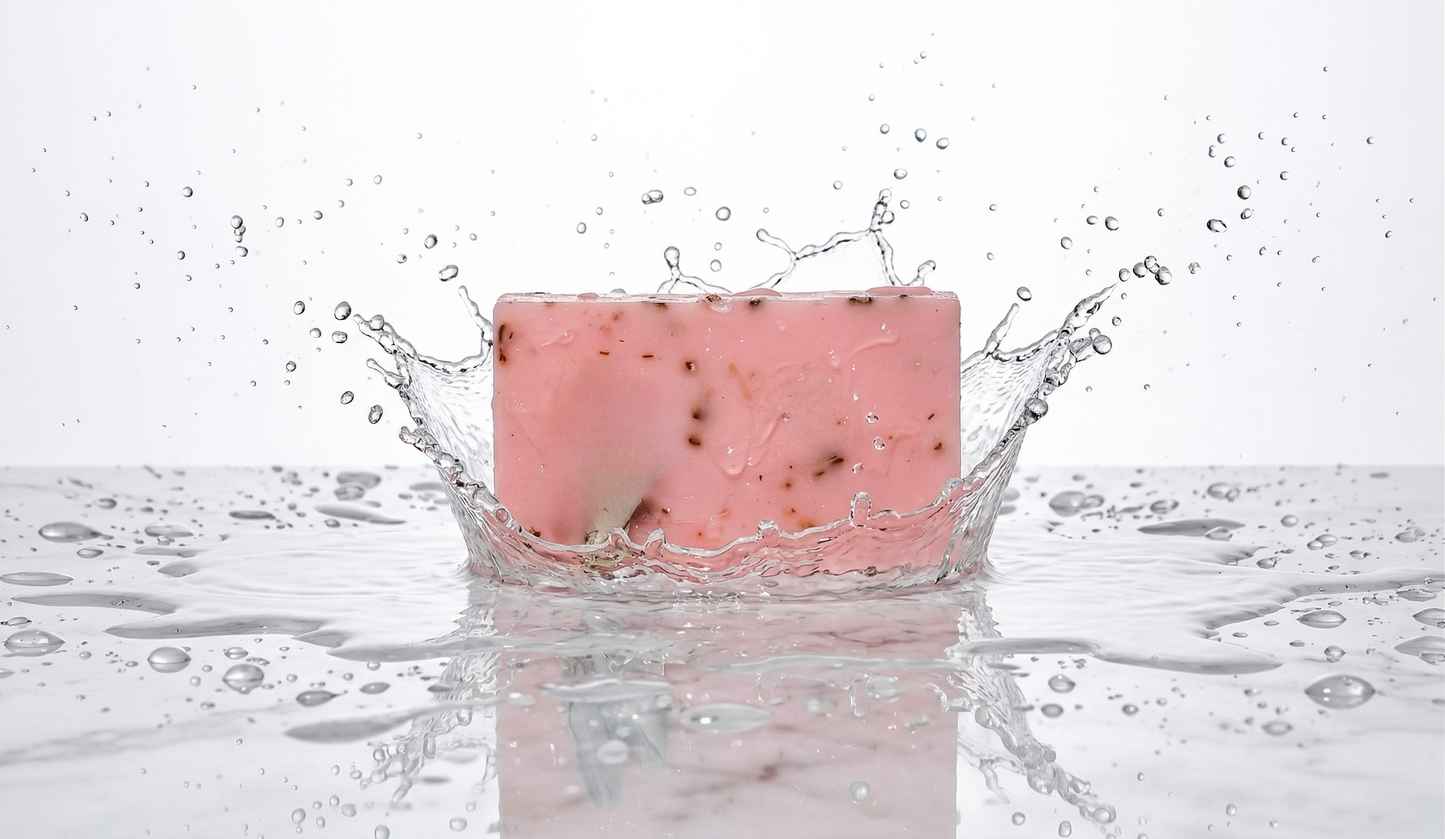 Pink oatmeal rose soap splashing in water