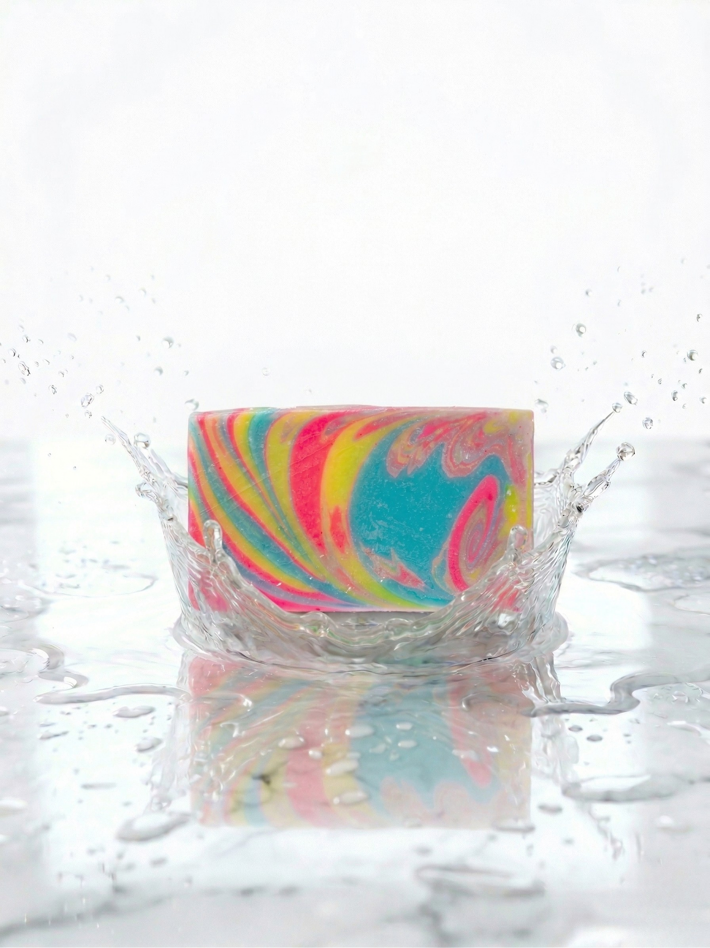 Colorful swirled soap bar with water droplets on a white background