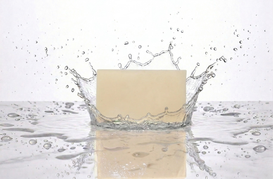 Bar of soap with water splashes on a white background