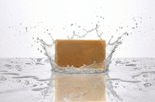 Brown kelp Bar of soap with water splashes on a white background