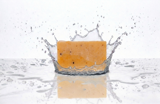 And orange Bar of soap with water splashes on a white background.