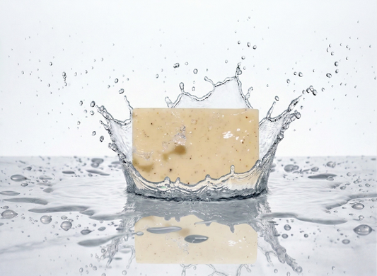Bar of soap with water splashes on a reflective surface